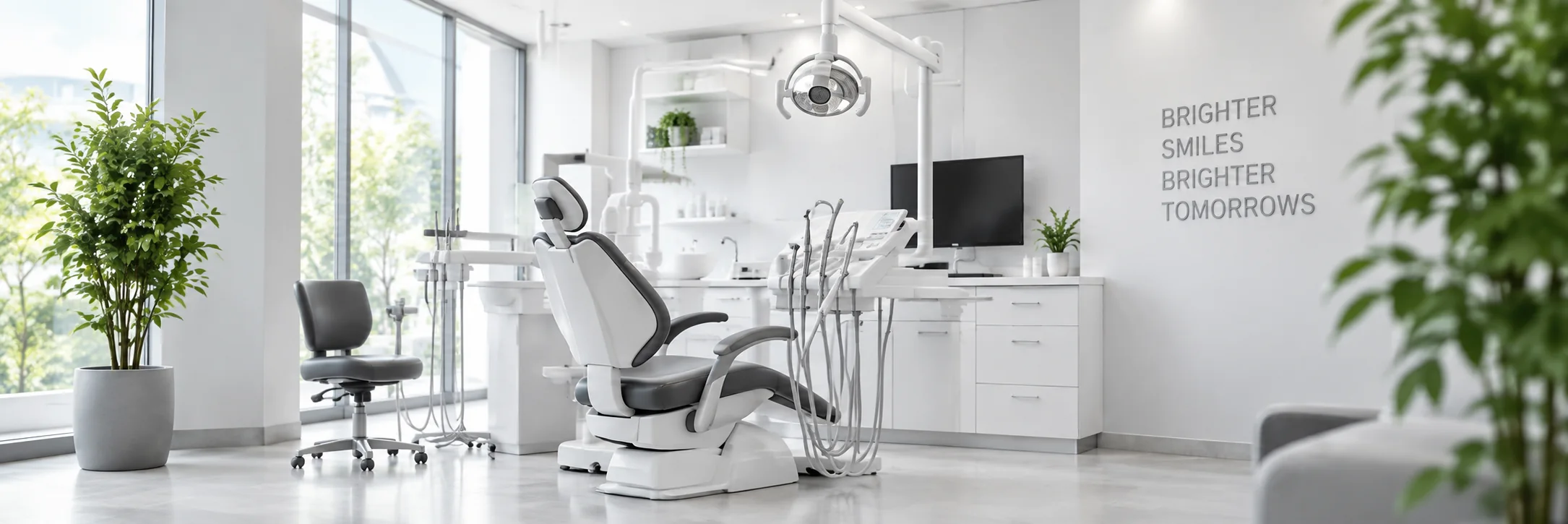 A bright dental treatment room with natural light